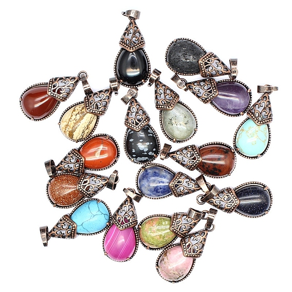 Ретро полые подвески из натуральных и синтетических драгоценных камней, подвески в форме капли с металлической фурнитурой из красной меди