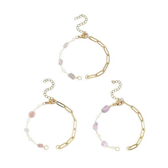 304 изготовление браслета-цепочки из нержавеющей стали со скрепками, с бусинами из натуральных камней и латунной фурнитурой, золотые