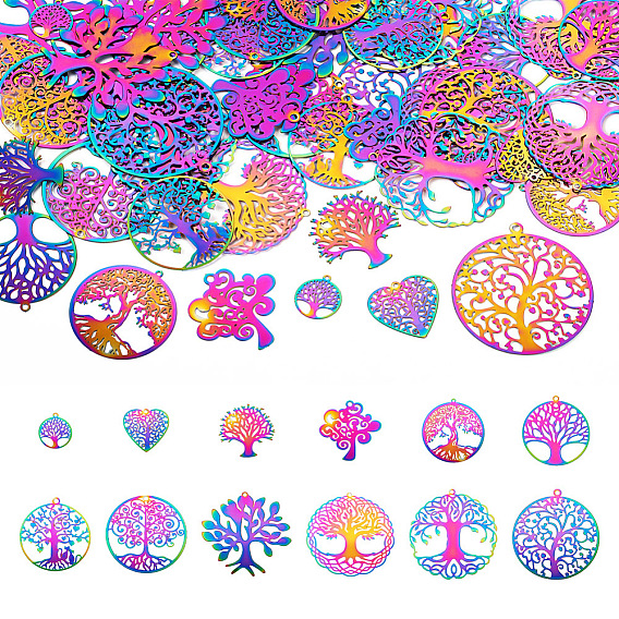 48 шт 12 стиль 201 филигранные подвески из нержавеющей стали, дерево жизни/сердце