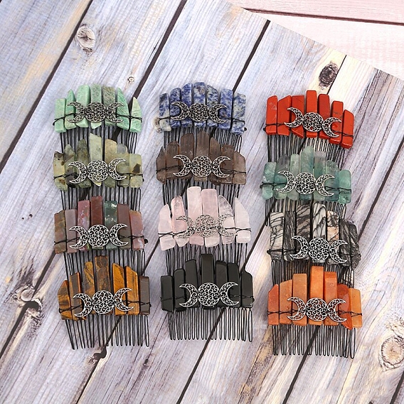 Гребни для волос из необработанных драгоценных камней, с металлической тройной луной, аксессуары для волос для женщин девушка