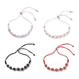 Natural Mixed Stone Beads Slider Bracelets for Men Women, Brass Round Beaded Bracelets