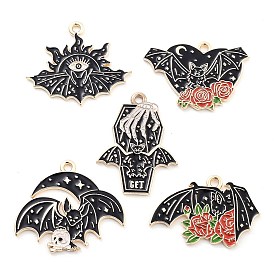 Halloween Alloy Enamel Pendants, Light Gold, Bat Charm