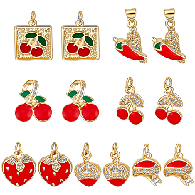 14Pcs 7 Styles Brass Micro Pave Cubic Zirconia Pendants, Enamel Style, Real 18K Gold Plated