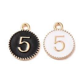 Alloy Enamel Pendants, Light Gold, Flat Round with Number 5 Charm