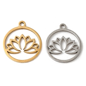201 Stainless Steel Pendants, Laser Cut, Flat Round with Lotus