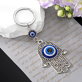 Ethnic Style Blue Eye Bag Charm with Vintage Silver Fatima Hand and Demon Eye Keychain