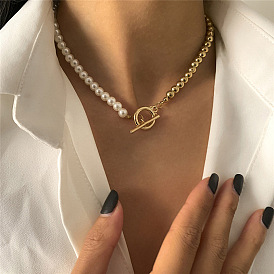 Jewelry design sense asymmetrical pearl shaped splicing necklace clavicle chain OT buckle sweater chain