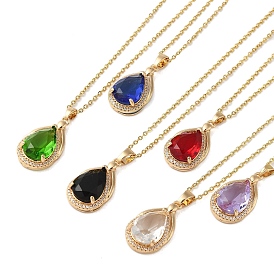 Brass Micro Pave Cubic Zirconia Pendant Necklaces,  Glass Jewelry for Women, 201 Stainless Steel Cable Chain Necklaces