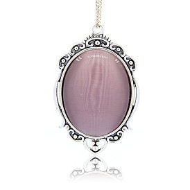 Antique Silver Plated Alloy Cat Eye Oval Pendants, 61x39x8mm, Hole: 3mm