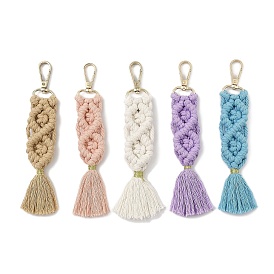 Handmade Macrame Nylon Thread Pendant Decorations, Alloy Clasps Charms for Bag or Keychain Ornaments, Rectangle