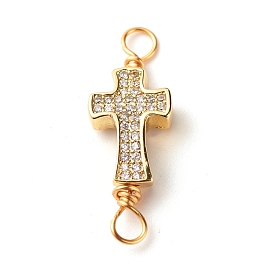 Brass Micro Pave Cubic Zirconia Link Connectors, with Real 18K Gold Plated Eco-Friendly Copper Wire, Cross