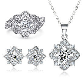 Vintage Eight-Pointed Star Jewelry Set with Round Zircon Ring, Earrings and Necklace - S925 Sterling Silver
