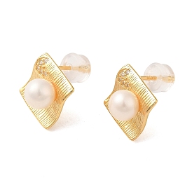 Sterling Silver Studs Earrings, with Natural Pearl,  Jewely for Women, Rhombus