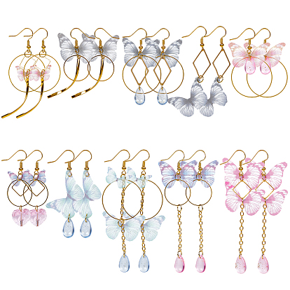 10пара латунных сережек-подвесок, с крыльями из органзы и фурнитурой из сплава и стекла, бабочка