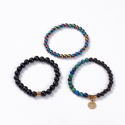 3Pcs 3 Style Gemstone & Wood Round Beaded Stretch Bracelet Sets with Om Symbol Charm, Yoga Jewelry for Women