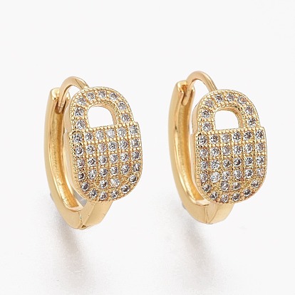 Brass Micro Pave Clear Cubic Zirconia Huggie Hoop Earrings, Long-Lasting Plated, Ring with Lock