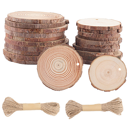 20 шт. 2 стили плоские круглые необработанные подвески из деревянной щепы, 20джутовый шнур