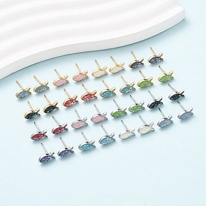 Серьги-гвоздики в виде рыбок из латуни и эмали, с ракушками и булавками из стерлингового серебра, долговечный, без кадмия, без никеля и без свинца