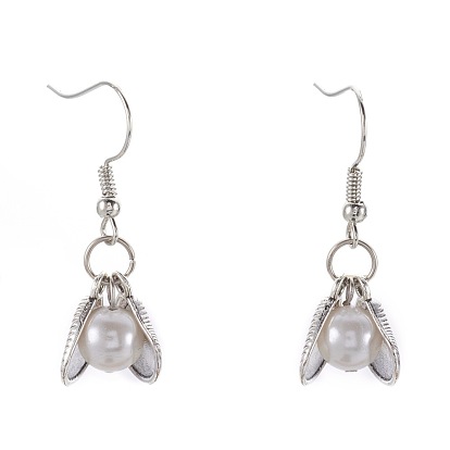 Boucles d'oreilles en laiton balancent, avec des perles de coquillage et de fer, coquille