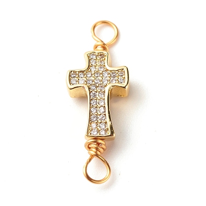 Brass Micro Pave Cubic Zirconia Link Connectors, with Real 18K Gold Plated Eco-Friendly Copper Wire, Cross