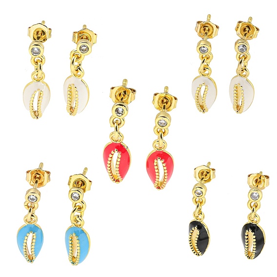 Shell Shape Golden Brass Dangle Stud Earrings, with Enamel and Clear Cubic Zirconia