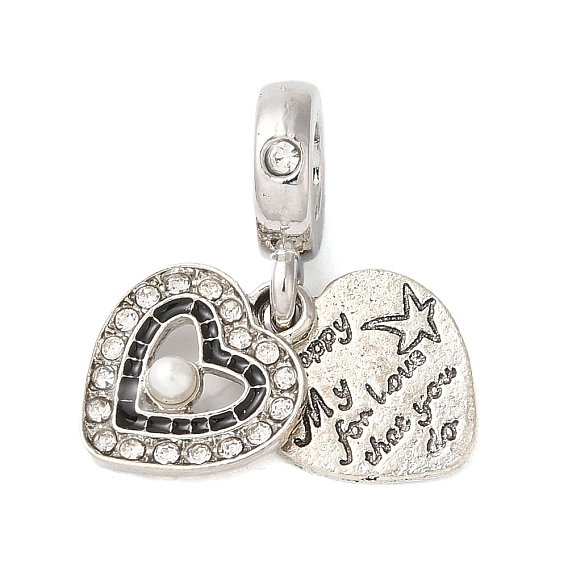 Подвеска из сплава с кристаллами и стразами в европейском стиле, Подвески в форме сердца с большими отверстиями, черной эмалью и искусственным жемчугом из АБС-пластика, без кадмия, без никеля и без свинца