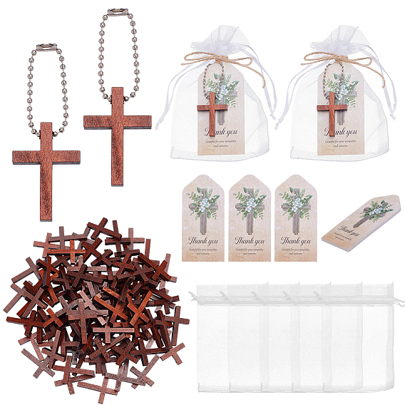 Наборы для изготовления кулонов из дерева в виде креста схимы своими руками, включают цепи из железных шариков, бумажные поздравительные открытки с благодарностью, органза упаковочные мешочки с завязками, 10джутовый шнур
