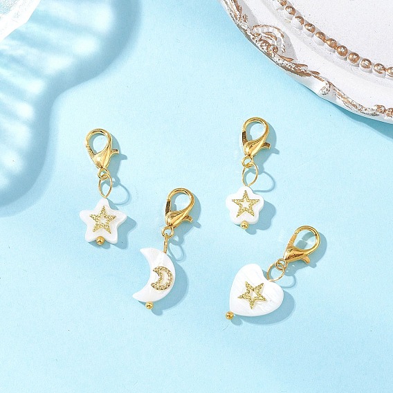 4 шт. подвесные украшения из натуральных морских ракушек, звезда, луна и сердце, с цинковым сплавом застежками омаров коготь