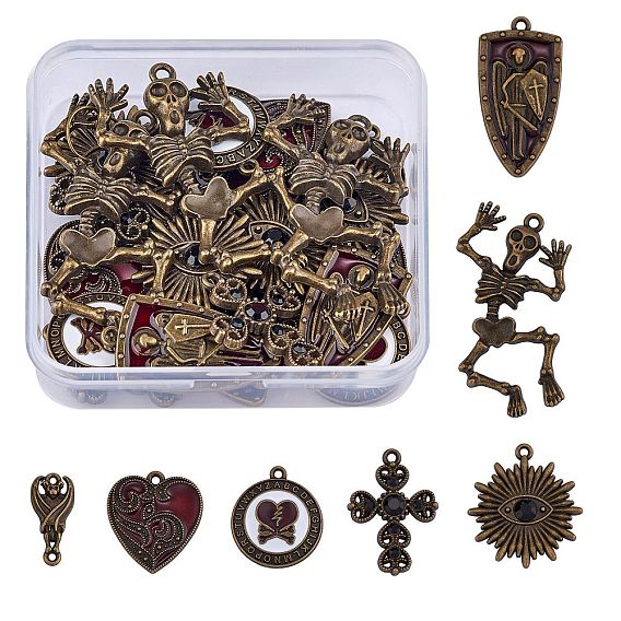 28шт 7 подвески из сплава с покрытием в тибетском стиле, ретро прелести, летучая мышь, скелет, щит, крестик, Сердце & цветок