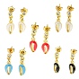 Shell Shape Golden Brass Dangle Stud Earrings, with Enamel and Clear Cubic Zirconia