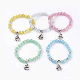 Cat Eye Round Bead Stretch Charm Bracelets, with Zinc Alloy Findings, Sheep