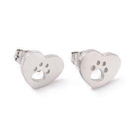 304 Stainless Steel Heart with Dog Paw Print Stud Earrings for Women