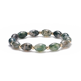 Natural Moss Agate Oval & Brass Beaded Stretch Bracelet, Gemstone Jewelry for Women