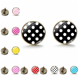 Alloy Stud Earrings with Ear Nuts, Glass Flat Round Polka Dot Ear Studs for Women