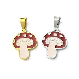 304 Stainless Steel Manual Polishing Pendants, with Enamel and 201 Stainless Steel Clasp, Mushroom Charms