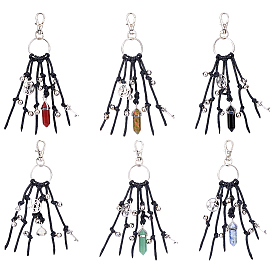 6Pcs 6 Styles Alloy Bell Key & Natural Mixed Stone Bullet Pendant Decorations, with Swivel Clasps and Black Waxed Cotton Cords