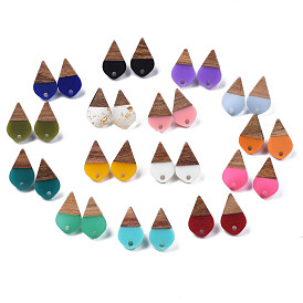 Resin & Walnut Wood Stud Earring Findings, with 304 Stainless Steel Pin and Hole, Two Tone, Teardrop