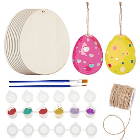 DIY Easter Pendant Decoration Making Kits, Including Unfinished Egg Shape Wooden Pendants, Jute Twine, Plastic Empty Paint Palette & Paint Brushes Pens