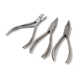 DIY Jewelry Tool Sets, Carbon Steel Side Cutting Pliers, Round Needle Nose Pliers and Stainless Steel Needle Nose Pliers, 145~165x45~65mm, 3pcs/set