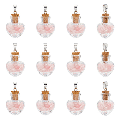 12шт. стеклянная бутылка в форме сердца с подвесками из розового кварца внутри, с 304 фурнитурой из нержавеющей стали