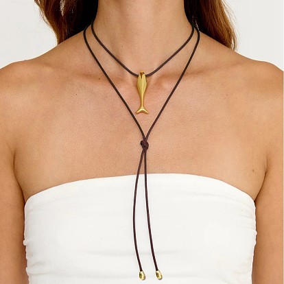 Océano 304 Collares largos con colgante de pez de acero inoxidable y cordón de cuero para mujer, coco marrón