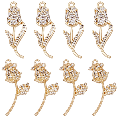16Pcs 2 Style  Rack Plating Alloy Pendants, with Crystal Rhinestone, Cadmium Free & Lead Free, Flower