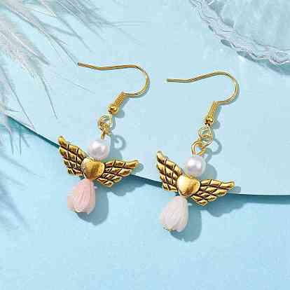 Angel Antique Golden Alloy & Resin Dangle Earrings, Imitation Pearl Acrylic Drop Earrings