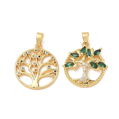 Brass Micro Pave Cubic Zirconia Pendants, Ring with Tree of Life Charms, Cadmium Free & Lead Free, Golden