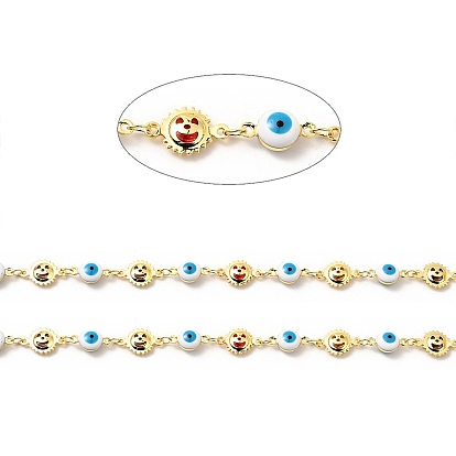 Enamel Evil Eye & Sun Link Chains, with Real 18K Gold Plated Brass Findings, Soldered, with Spools