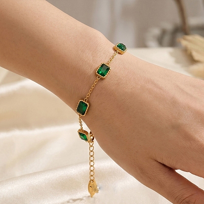 304 Damenarmbänder aus Edelstahl mit grünen Zirkonia-Steinen in Rechteckform