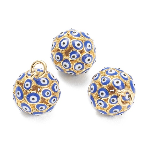 Brass Enamel Charms, with Jump Ring, Real 18K Gold Plated, Long-Lasting Plated, Round with Eyes