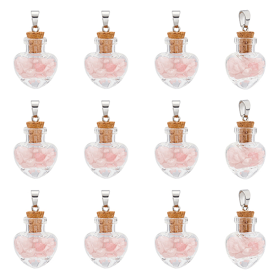12шт. стеклянная бутылка в форме сердца с подвесками из розового кварца внутри, с 304 фурнитурой из нержавеющей стали