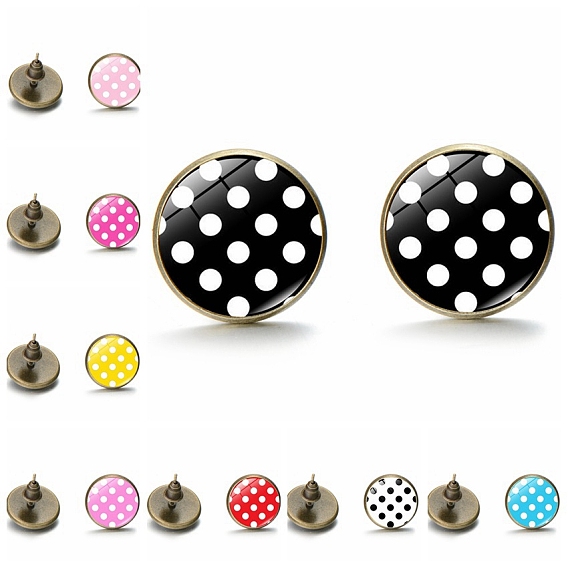 Alloy Stud Earrings with Ear Nuts, Glass Flat Round Polka Dot Ear Studs for Women