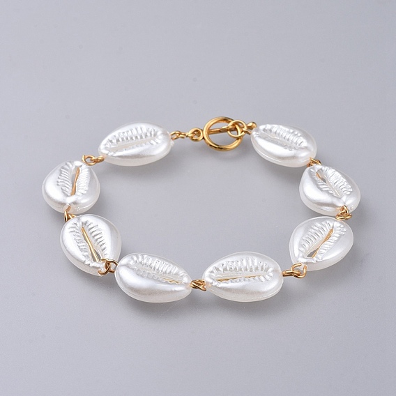 Acrylic Imitated Pearl Bracelets, with 304 Stainless Steel Findings and Alloy Toggle Clasps, Cowrie Shell Shape